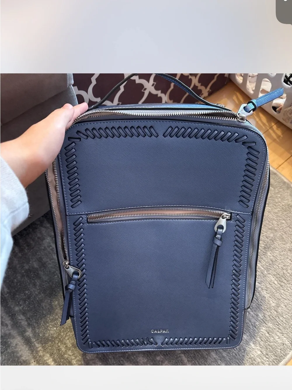 CALPAK Navy Leather Travel Backpack